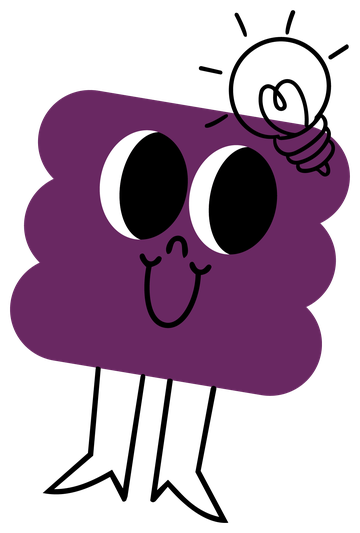 Mascota nube morada con un foco de ideas